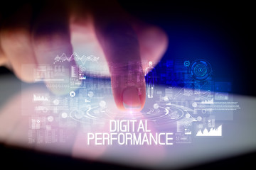 Finger touching tablet with web technology icons and DIGITAL PERFORMANCE inscription