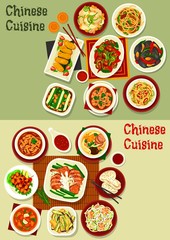 Chinese cuisine vector design with seafood, meat, vegetables and desserts. Shrimp and beef noodles with chilli, mushroom and chilli, chicken, cucumber and bean salads, baked duck, mussels, milk cakes