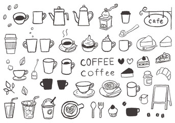 コーヒーやスイーツの手描きイラストセット
