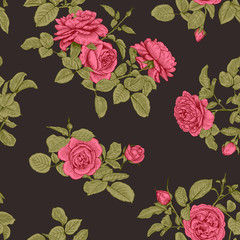 Vintage print with roses. Floral vector illustration. Dark seamless pattern. Colorful.