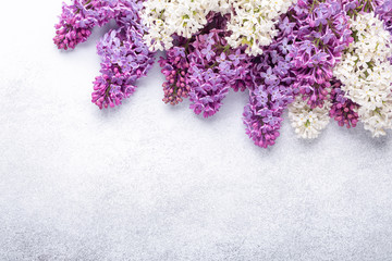Brunches of beautiful purple and white lilacs on stone background. Mockup. Top view. Copy space for your text