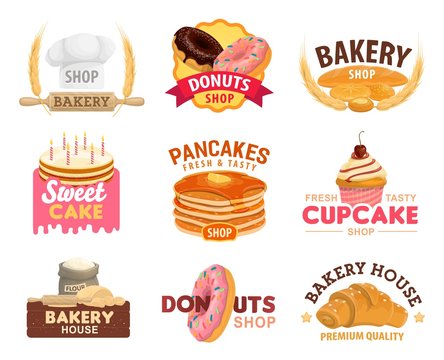 Bakery and pastry shop vector icons. Wheat bread, baguette and croissant, cake, cupcake, donuts and pancakes, flour and dough with chocolate, cream and glaze, decorated with baker hat and rolling pin