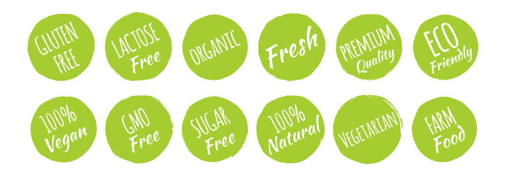 Gluten, Lactose, GMO, Sugar Free, Organic, Fresh, Premium Quality, Eco Friendly, 100% Vegan, Natural, Vegetarian, Farm Food Icons Label Set