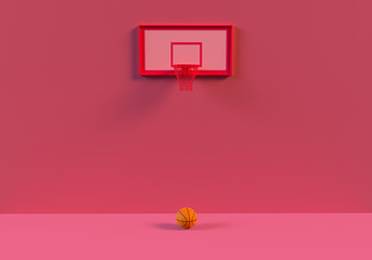 3d rendering of a basketball hoop with an Basketball put on the floor, Basketball quipment minimal concept on pink background. © Tinnakon