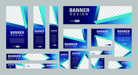 set of creative web banners of standard size with a place for photos. Business ad banner. Vertical  horizontal and square template.  Vector Illustration EPS 10
