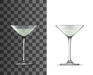 Cocktail glass 3d vector mockups of martini alcohol drink. Realistic templates of clear glassware or tableware with triangular bowls and tall stems, bar or restaurant drinkware design