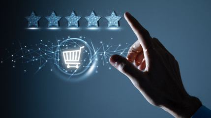 man clicks on the screen. gives a rating on the purchase