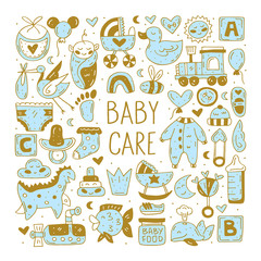 Baby care cute hand drawn doodle vector clip art, stickers, icons, set of design elements. Golden and blue design. Isolated on white background. Easy to change color. Decorative elements. Nursery. 