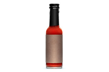 Red Hot Sauce Glass Bottle Brown Blank Label on White Background