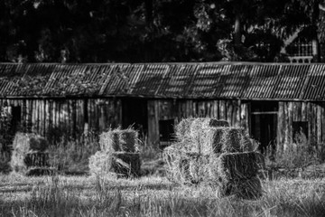 Hay bales in front of an old wooden building