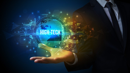 Elegant hand holding HIGH-TECH inscription, digital technology concept