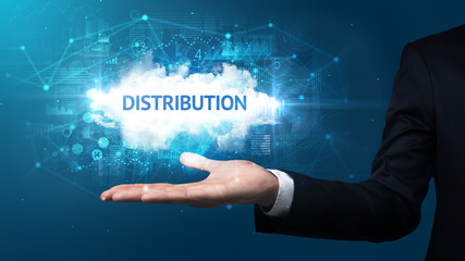 Obraz premium Hand of Businessman holding DISTRIBUTION inscription, successful business concept