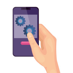 hand using smartphone and gears isolated icon vector illustration design