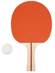 Table tennis racket with a ball isolated on a white background.
