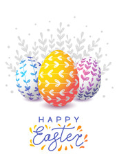 Easter greeting card with color decorated eggs on white background