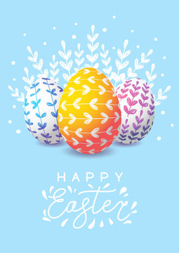 Easter greeting card with color decorated eggs on blue background