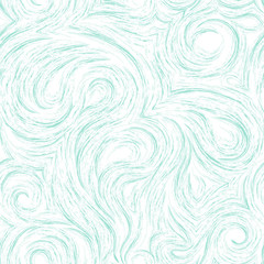 Flowing vector seamless pattern of splashes or brush strokes in the form of spirals of loops and curls. Wood or marble texture in blue isolated on white background