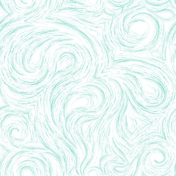 Flowing vector seamless pattern of splashes or brush strokes in the form of spirals of loops and curls. Wood or marble texture in blue isolated on white background
