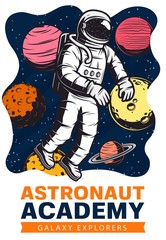 Astronaut in space with planets and stars vector design of galaxy exploration and astronomy science. Spaceman traveling in outer space with spacesuit and helmet, Moon, Saturn and Mars, Venus, Jupiter