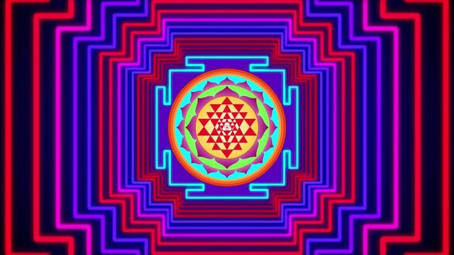 Abstract Colorful Square Lines Geometric Tunnel Glowing Neon Light Pattern With And Without Sri Yantra Form Of Mystical Diagram Animation Seamless Loop