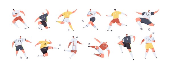 Cartoon male soccer players set vector graphic illustration. Collection of colorful sports man playing football hitting ball isolated on white. Active people kicking balls in different poses © Good Studio