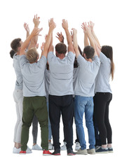 Fototapeta premium in full growth. group of young people standing in a circle with hands up.