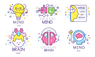 Creative Brain Original Logo Design Templates Collection, Mind Energy Colorful Badges Vector Illustration on White Background