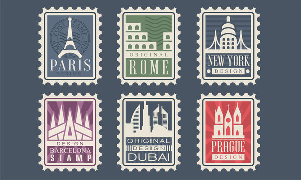 Collection of City Stamps from Different Countries with Architectural Landmarks, Paris, Rome, New York, Barcelona, Dubai, Prague Vector Illustration