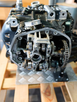 BMW motorcycle open engine cylinder motor head cover in store dealership motorbike