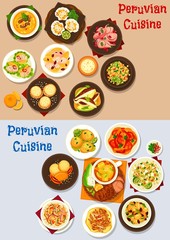 Peruvian food of seafood and fish ceviche with vegetable, meat and dessert dishes. Vector beef corn stew and soup, quinoa bean salads with feta and avocado, shrimp croquettes and alfajor cookies