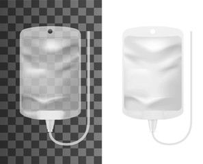 Intravenous iv therapy bag 3d mockups. Vector infusion drip with empty clear container realistic template for medical fluid injection, blood transfusion and chemotherapy treatment packaging design
