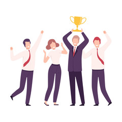 Fototapeta premium Business Team Celebrating Victory with Trophy Cup, Employees Characters Dressed in Business Suits Standing with Their Hands Up Flat Vector Illustration