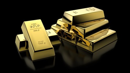 Banking finance concept background -Beautiful 3D illustration rendering gold bar on stacks of gold bullions	