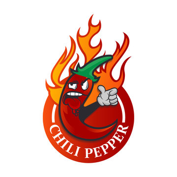 Red Hot Chili Pepper Character With Burning Flames/ Illustration of a funny cartoon red hot chili pepper spice, with burning flames for mexican and south american food recipe