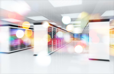 Servers data center room with bright bokeh light going through the corridor 3D rendering