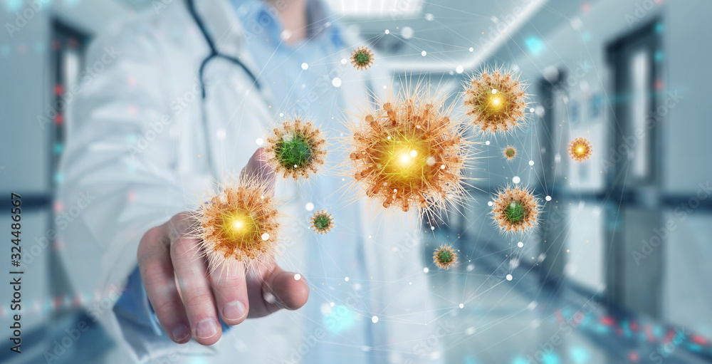 Poster doctor analyzing bacteria on microscopic close-up 3d rendering