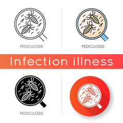 Pediculosis icon. Linear black and RGB color styles. Contagious medical problem, epidemic disease, head lice. Tiny insects, parasites under magnifying glass isolated vector illustrations