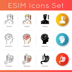 Viral and infectious diseases icons set. Linear, black and RGB color styles. Meningitis, measles and rotavirus. Dangerous illnesses, infectious diseases Isolated vector illustrations