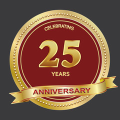 25th years anniversary, golden vector design background for celebration, invitation or greeting card, logotype template
