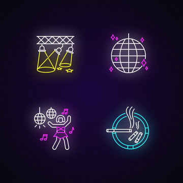 Nightclub Recreation Neon Light Icons Set. Night Club Entertainment, Clubbing Signs With Outer Glowing Effect. Light Show, Disco Ball, Go Go Dancer And Ashtray Vector Isolated RGB Color Illustrations