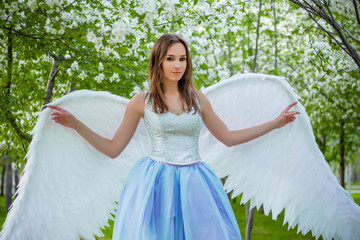  Attractive, young woman in a white corset and a blue puffy dress with large white angel wings...
