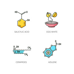 Cosmetic ingredient RGB color icons set. Salicylic acid. Egg white. Ceramides formula. Azulene molecular structure. Beauty compound. Skincare. Korean beauty. Isolated vector illustrations