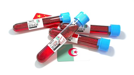 Democratic Republic of Algeria national flag 3D wuhan 2019-ncov virus bio test tube. 3D illustration