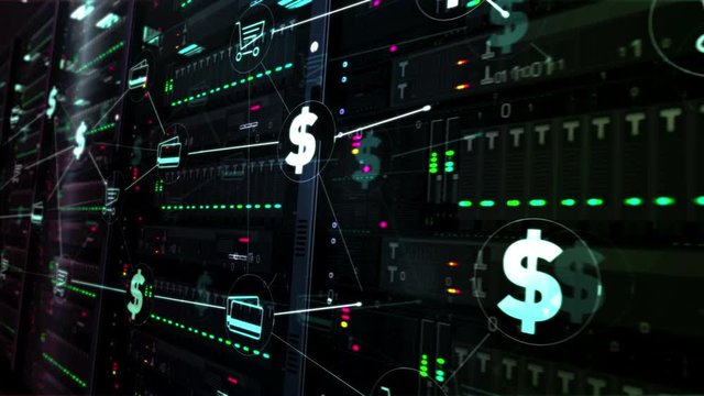 Futuristic datacenter with internet business, digital marketing, cyber shop, ecommerce and online shopping symbols. Modern servers room digital seamless loopable 3d rendering concept animation.