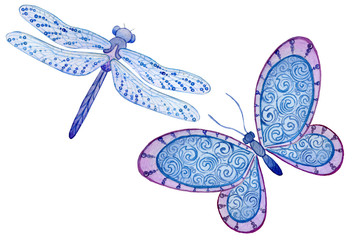 watercolor set with stylized butterfly and dragonfly