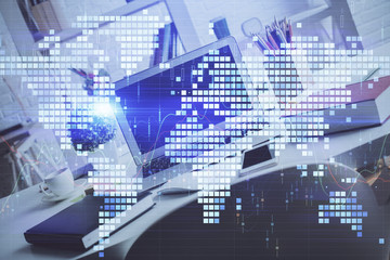 Multi exposure of business theme icons and work space with computer background. Concept of success.