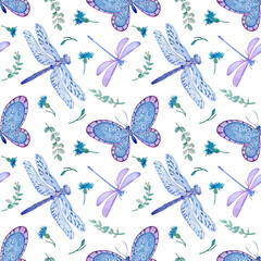 seamless watercolor pattern on a white background with butterflies dragonflies and wildflowers