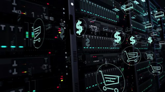 Modern servers room with symbols of internet business, digital marketing, cyber shop, ecommerce and online shopping. Futuristic digital loopable and seamless 3d rendering concept animation.