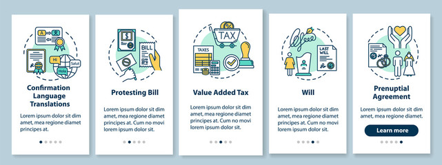 Naklejka premium Notarization onboarding mobile app page screen with concepts. Prenuptial agreement, will. Protesting bill. Walkthrough five steps graphic instructions. UI vector template with RGB color illustrations