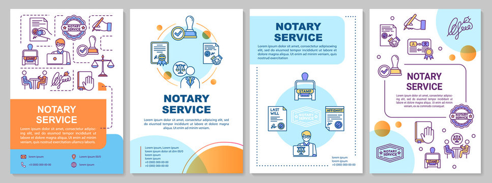 Notary service brochure template. Notarial practice. Legalization. Flyer, booklet, leaflet print, cover design with linear icons. Vector layouts for magazines, annual reports, advertising posters